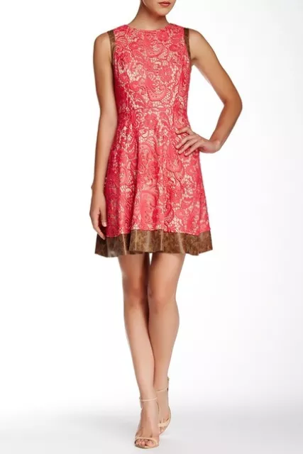 Jessica Simpson NWT CORAL/CAMEL Faux Leather Trim Fit & Flare Dress, size 6