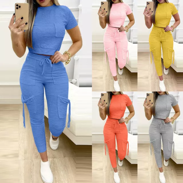 Donna Manica Corta Top Elastico Vita Pantaloni SPORTS Tuta da Ginnastica Y ★