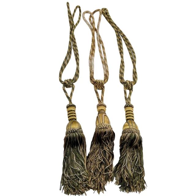 3 Rope Tassel Curtain Drapery Tie Backs Heavy Large Braided Knot Gold Green