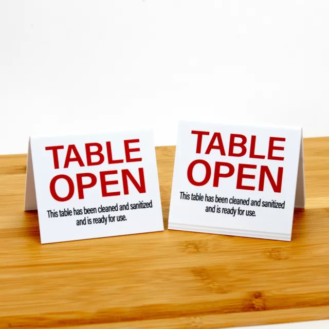 Table Open Signs, Clean & Sanitized, Plastic Table Tents, 15pk, Free Shipping