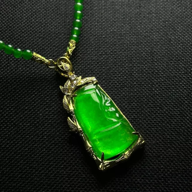 Certified Nature Ice Green Jade Jadeite inlay lucky bamboo Pendant&Necklaces 节节高