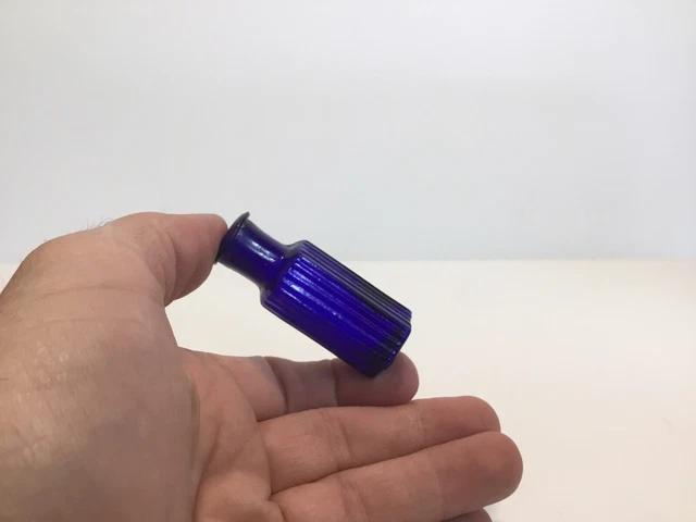 Tiny Antique Cobalt Blue 6 Sided Ridge Poison Bottle. 2 1/4 Inches Tall.