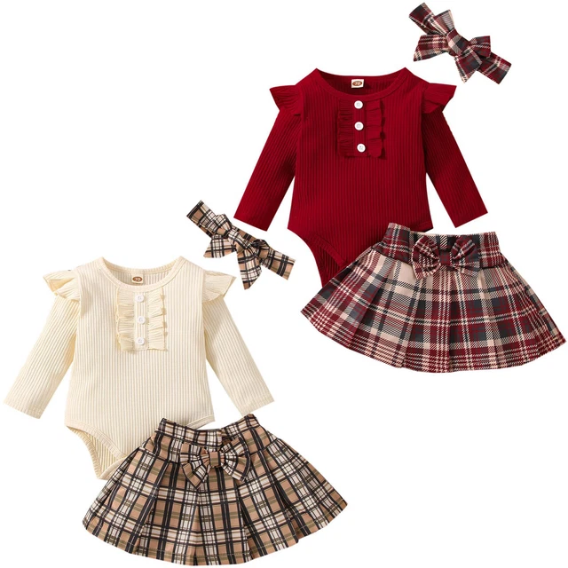 Baby Girls Cake Smash Outfits Long Sleeves Bodysuit Plaid Skirt Bowknot Headband