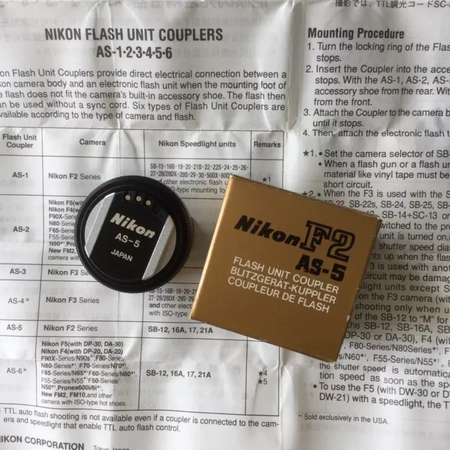 Nikon AS-5 Flash Unit Hot Shoe Coupler for F2 Camera in Box with English manuals