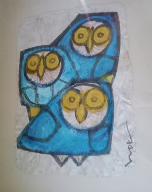 Vintage MCM Mid Century Modern painting OWLS beautiful blue 1950s, 60s, 70s