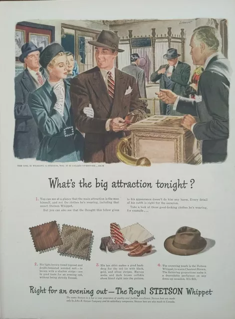 1946 vintage stetson hats print ad, Luxury hat, cool artwork. Post World War II