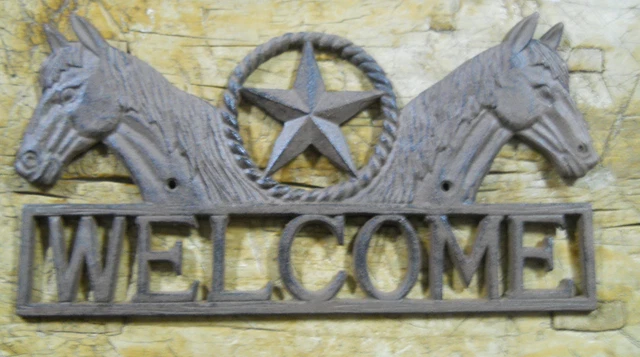 Cast Iron HORSE HEAD STAR WELCOME Cowboy Plaque Sign Rustic Ranch Wall Decor