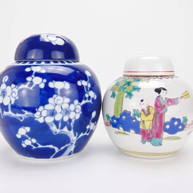 Antique / Vintage Chinese Ginger Jar x2 Blue and White Prunus & Famille Rose
