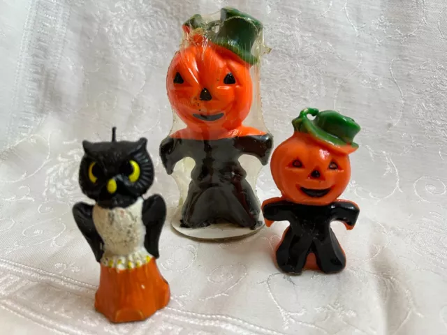 Vintage HALLOWEEN Gurley Candles ~ Lot of 3 ~ Pumpkin Scarecrow & Owl