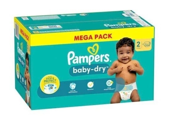 Lot 124 Couches PAMPERS Baby-Dry TAILLE 2 = 4 à 8 KG Pack Change Bébé Protection