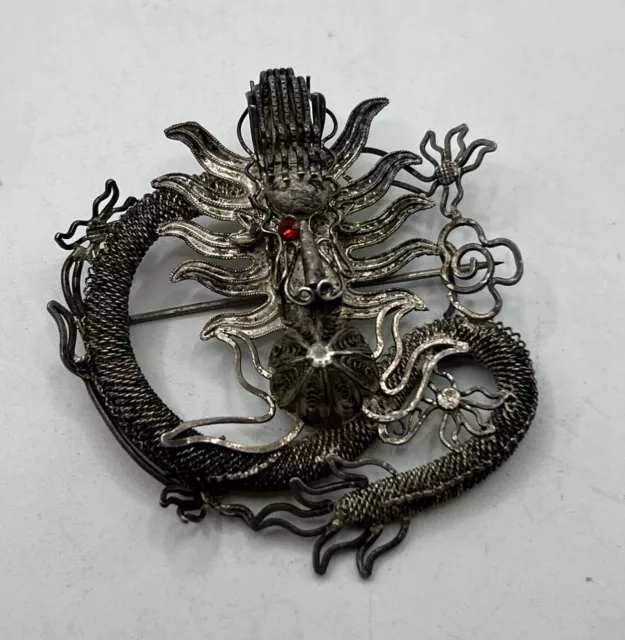 Antique Solid Silver Chinese Dragon Pin/ Brooch 19th Century Filigree Design