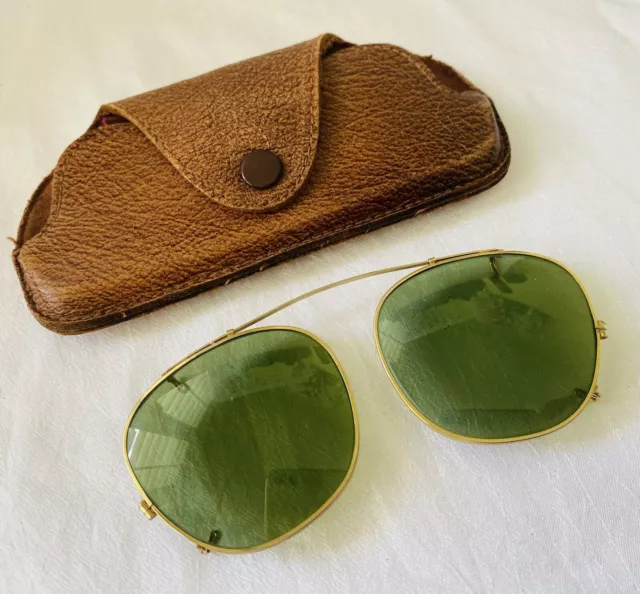 VINTAGE Gold Tone Bausch & Lomb Eyeglasses Green Clip ONs with Case