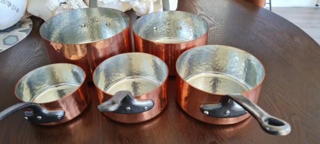 Set of 5 Vintage French hammered Copper Sauce new never used Pans made in france