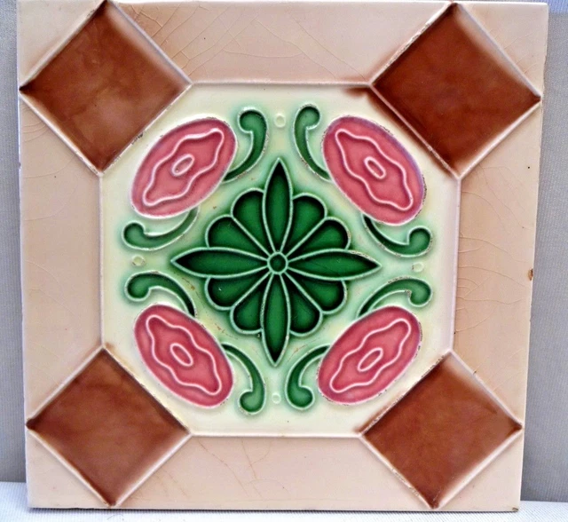 Tile Saji Japan Majolica Art Nouveau Ceramic Porcelain Geometric Design Old #235 2