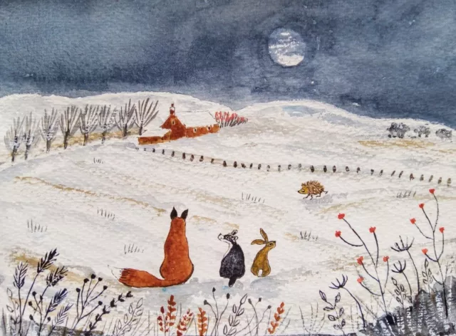 Original Watercolour Painting: Fox, Badger, Hare & Hog In The  Snowy Moonlight