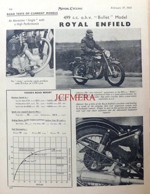 ROYAL ENFIELD 'BULLET' 499cc Motor Cycle - 1955 Magazine Report Cutting ...