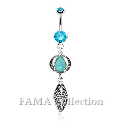 FAMA Turquoise Semi Precious Stone Headress with Leaf Dangle Navel Belly Ring