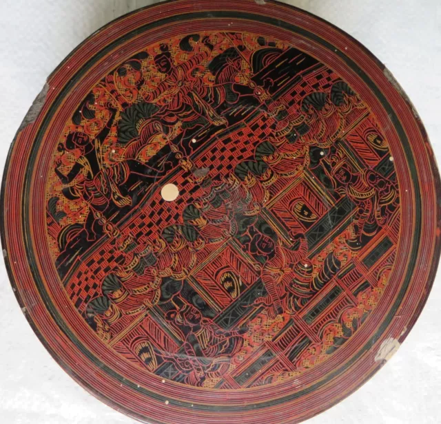 Antique HAND PAINTED WHIMSICAL SCENE LACQUER BURMESE BOX  BETEL NUT 7"x 4" RARE