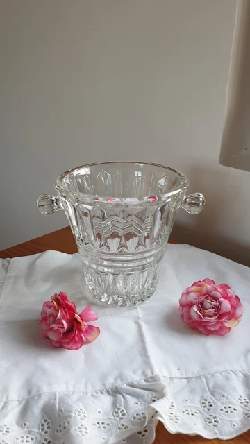 Seau à Glaçons Vintage En Verre Gravé épis De Blé – France 1960-70 – Avec Cuillère Dorée