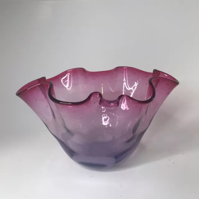 Vintage Hand Blown Pink Purple Art Glass Bowl Signed Jablonski Flower Bullicante 3