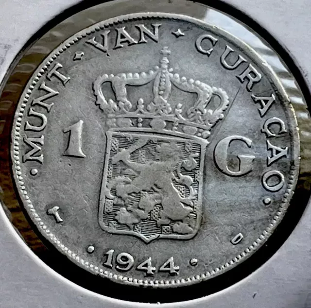 Rare 1944 Curacao Silver 1 Gulden Coin, AU Silver Large Coin, Big Value