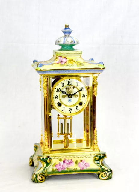 Vintage Ansonia Style Visible Escapement 24K Floral Porcelain Regulator Clock