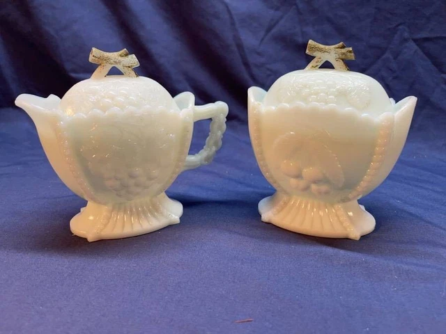Westmorland Milk Glass Cherry And Grape Covered Sugar And Creamer Set