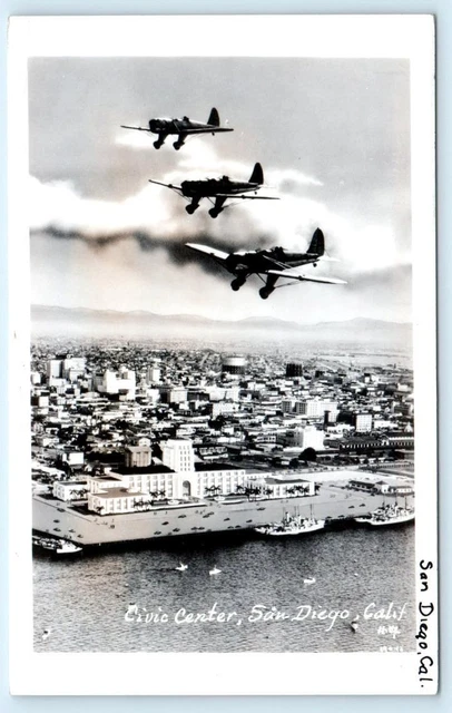 RPPC SAN DIEGO, California CA ~ Aerial CIVIC CENTER Airplanes c1940s Postcard