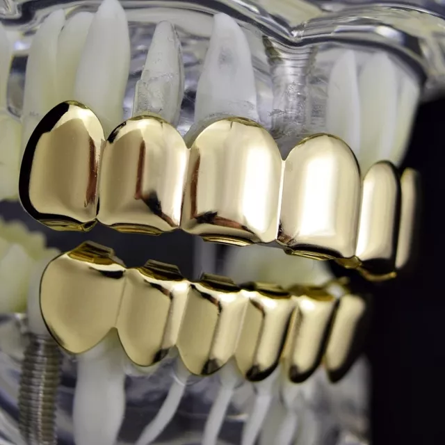 Grillz Set Gold Plated Six Top & Bottom 6 Teeth Plain New Hip Hop Mouth Grills