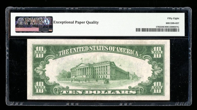 DBR 1934-A $10 Silver Fr. 1702 PMG 58 EPQ Serial B17619602A 2