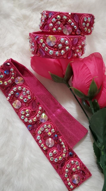 Necklace & 2 Cuffs Bracelets Rose AB Crystals AB Fuchsia Ballroom Dance Jewelry