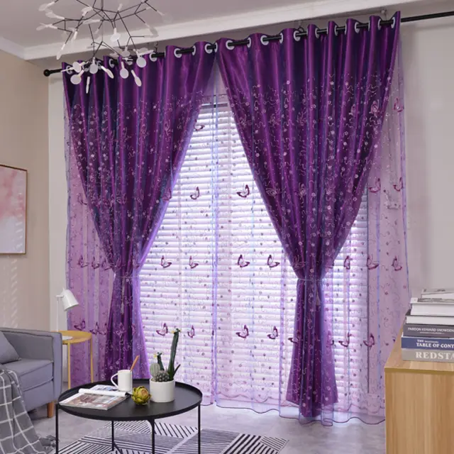 1 Panel Butterfly Embroidery Blackout Curtain Satin Double Layer Sheer Cute Home