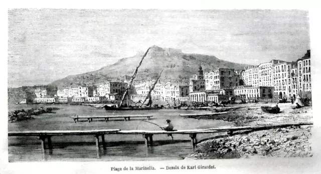 1861 Antica Stampa Xilografia: SPIAGGIA DELLA MARINELLA...a NAPOLI..AETNA