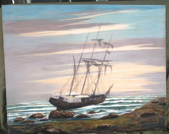 Old Vintage Artist Signed Pastel Art Painting Drawing Nautical Ship Landscape