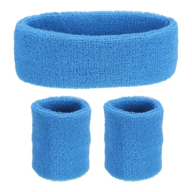 1 Headband & 2 Sport Wristbands Cotton Athletic Sweatband Sky Blue