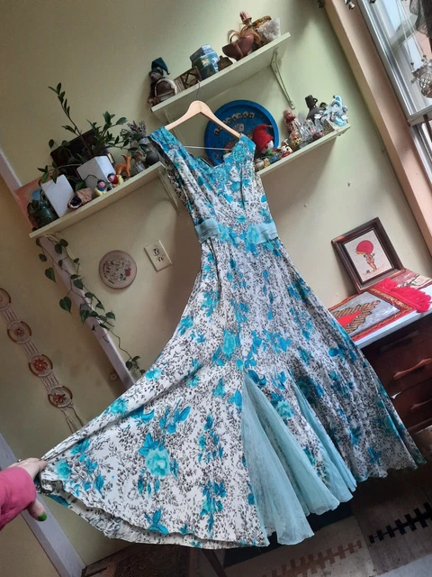 Vtg 30s 40s Blue Silk Floral Print Sequin Maxi Dress Sz M gown chiffon inserts