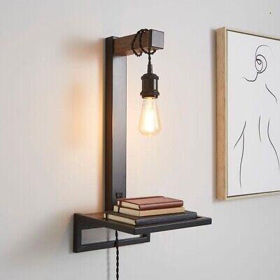 Plug In Shelf Wall Light, Rustic Pine Finish, Bedroom, Apartment. Modern.
