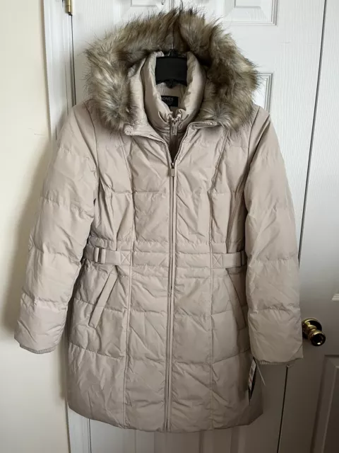 Jones New York Ladies Down Coat Fur Trim Hood Bone Color Size M New