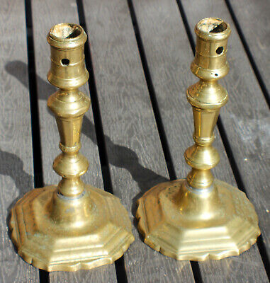 Antique Sixteenth Century Brass Candle Stick Pair Pre-1700s Queen Anne Hand Made