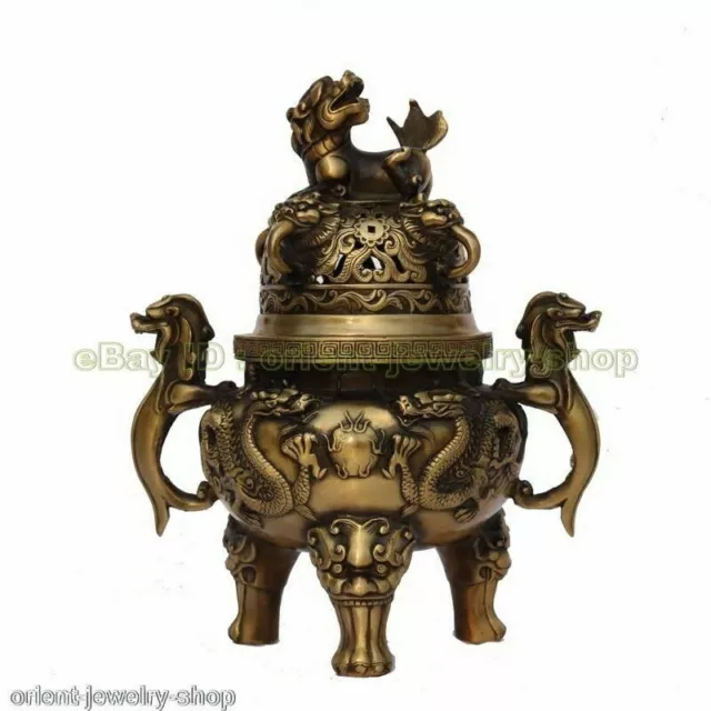 antique excellent old Bronze Signed lucky dragon Statue Incense Burners Censer