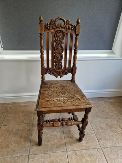 Victorian Carved Oak Chair Wooden High Back With Turned Legs Antique Hall Ornate