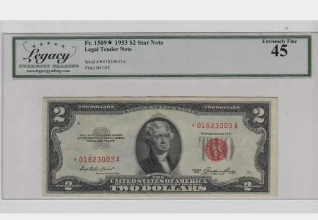 1953A $2 Legal Tender Note Red Seal Star Note FR 1509* Legacy Graded EF45