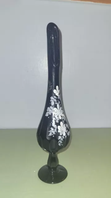Vintage Fenton Black Amethyst  Pedestal White Floral Hand Painted Swung Vase