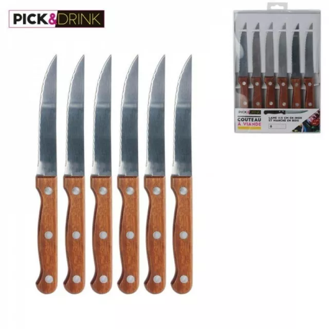 Set di 6 coltelli da bistecca, manico in legno e lama in acciaio Inox.