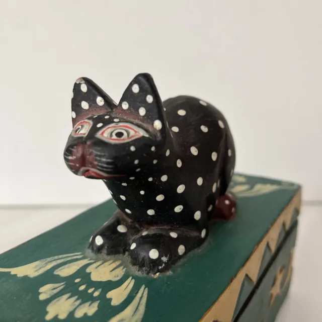 Hand Carved and Painted Wooden Cat Box