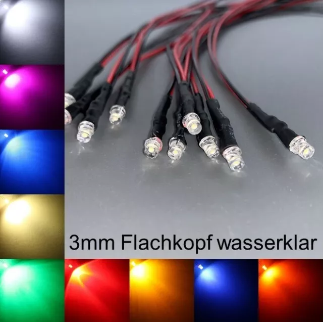 verkabelt 3mm LEDs Flachkopf wasserklar alle Farben 3 mm LED Widerstände