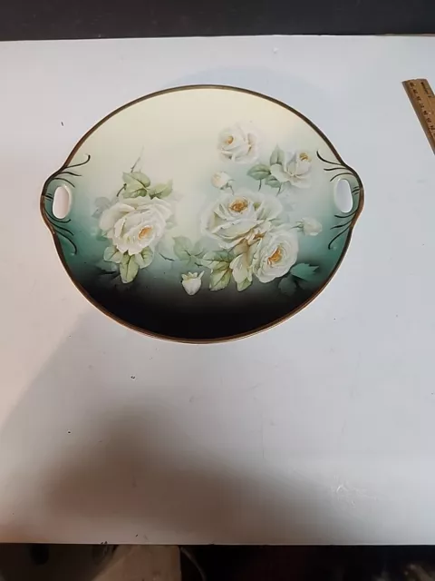 Gorgeous German Two Handled Cake Plate White Enameled Roses