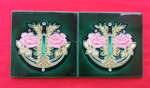 2 Piece Old Art Deco Floral Design Embossed Majolica Ceramic Tiles England 0157