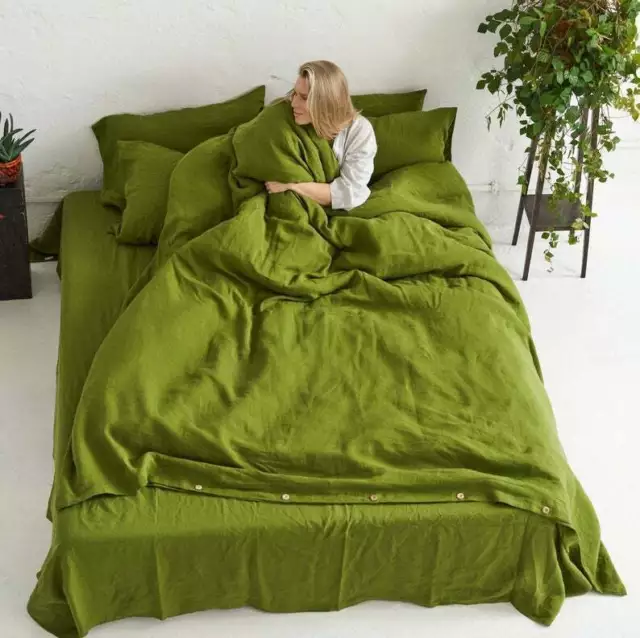 Funda nórdica de lino en color verde musgo Cubierta de cama lavada...