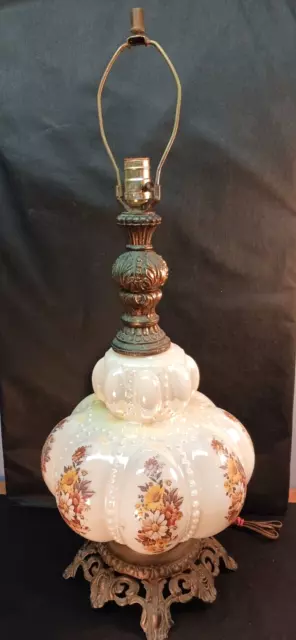 Vintage Lamp Table  Parlor Bubble Glass Brass 3 Way Light Floral Design